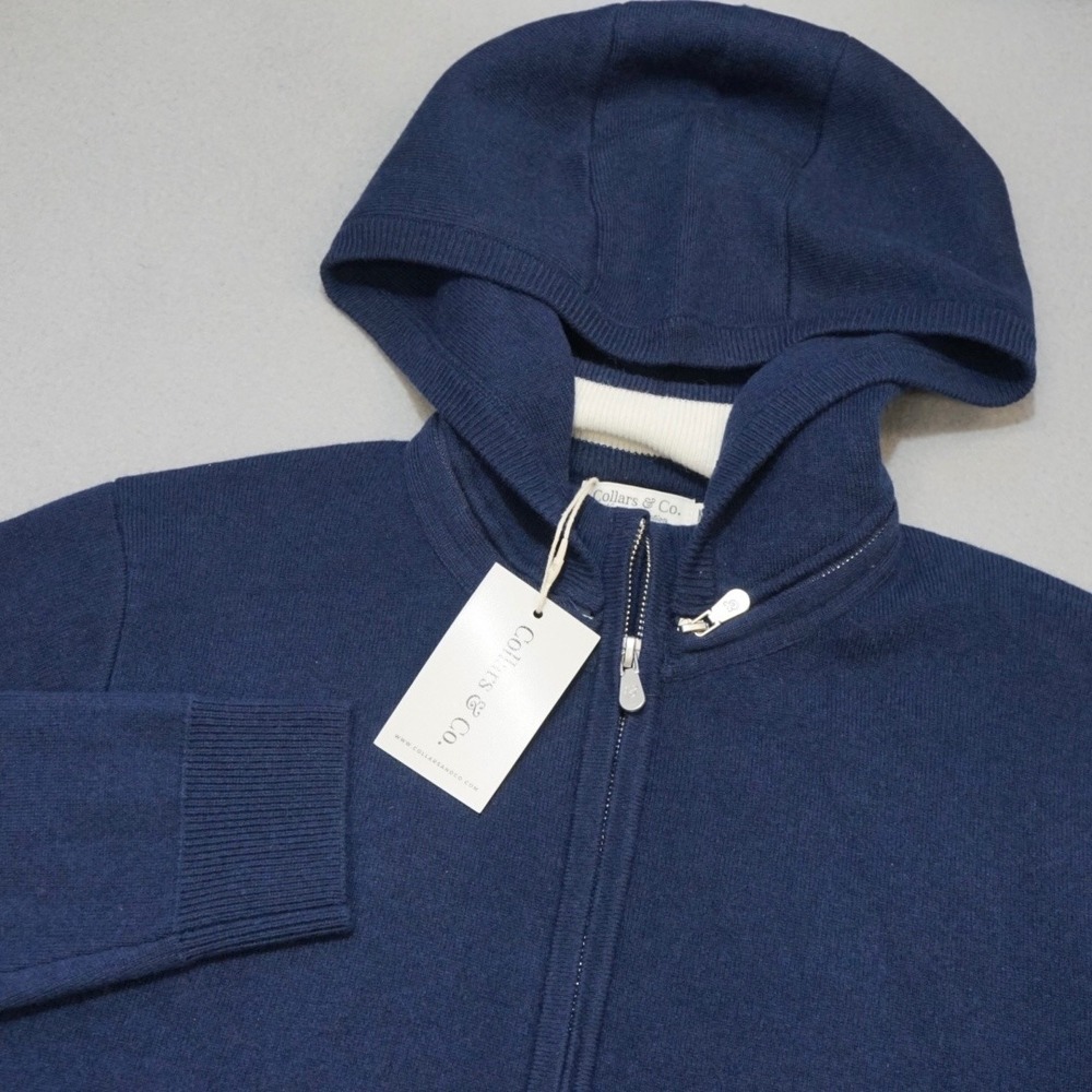 COLLARS & CO Napoli Signature Hooded Wool Cashmere Sweater Mens M Navy Removable - Picture 2 of 13